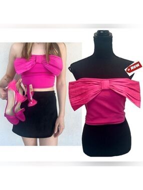 Thirty Thirty LA hot pink front bow strapless bandeau tube crop top Sz L NWT